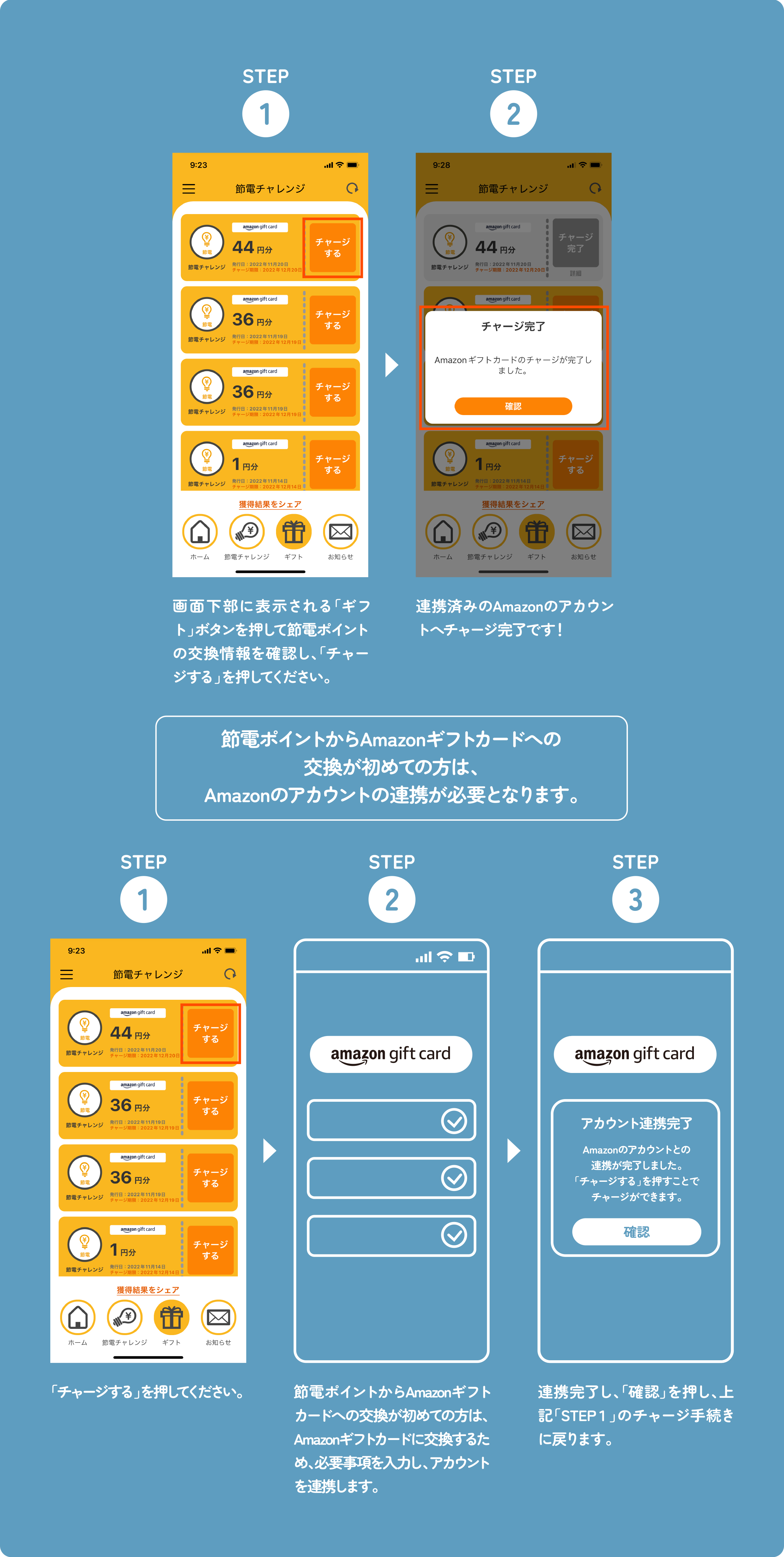 �ySTEP1�z��ʉ����ɕ\�������u�M�t�g�v�{�^���������Đߓd�|�C���g�̌��������m�F���A�u�`���[�W����v�������Ă��������B�@�ySTEP2�z�A�g�ς݂�Amazon�̃A�J�E���g�փ`���[�W�����ł��I