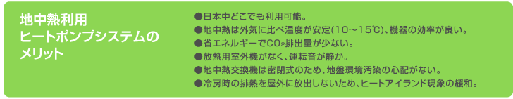 �n���M���p�q�[�g�|���v�V�X�e���̃����b�g �����{���ǂ��ł����p�\�B���n���M�͊O�C�ɔ�׉��x������(10?15��)�A�@��̌������ǂ��B���ȃG�l���M�[��C02�r�o�ʂ����Ȃ��B�����M�p���O�@���Ȃ��A�^�]�����Â��B���n���M�����@�͖����̂��߁A�n�Պ������̐S�z���Ȃ��B����[���̔r�M�����O�ɕ��o���Ȃ����߁A�q�[�g�A�C�����h���ۂ̊ɘa�B